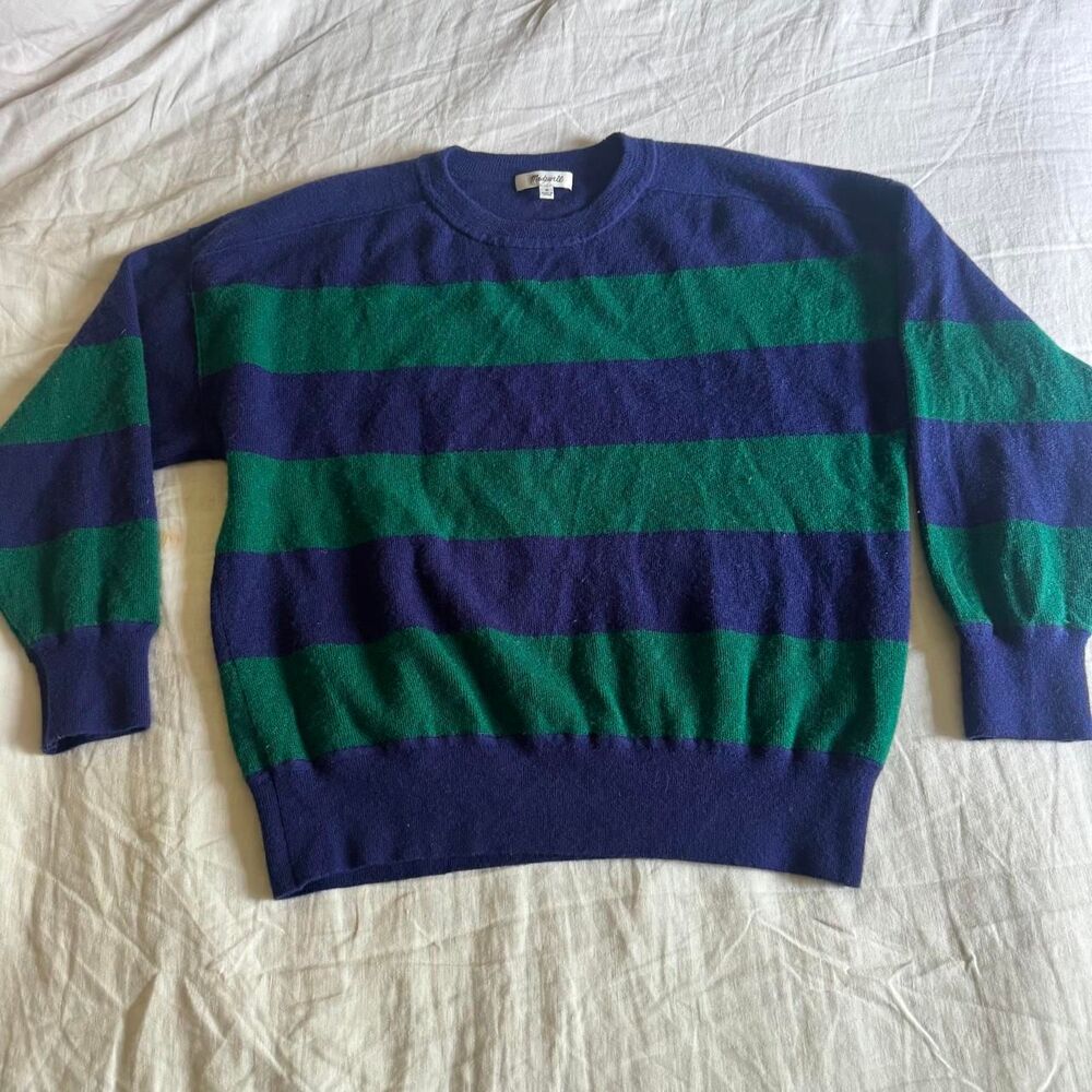 Madewell Merino Wool Navy Green Stripe Crewneck Sweater Womens Medium